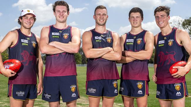 Brisbane Lions’ 2018 draft crop Thomas Joyce, Connor McFayden, Ely Smith, Thomas Berry and Noah Answerth.