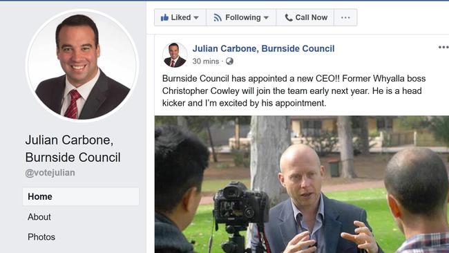 Cr Julian Carbone was eager to welcome Chris Cowley to Burnside. Picture: Facebook page of Julian Carbone.