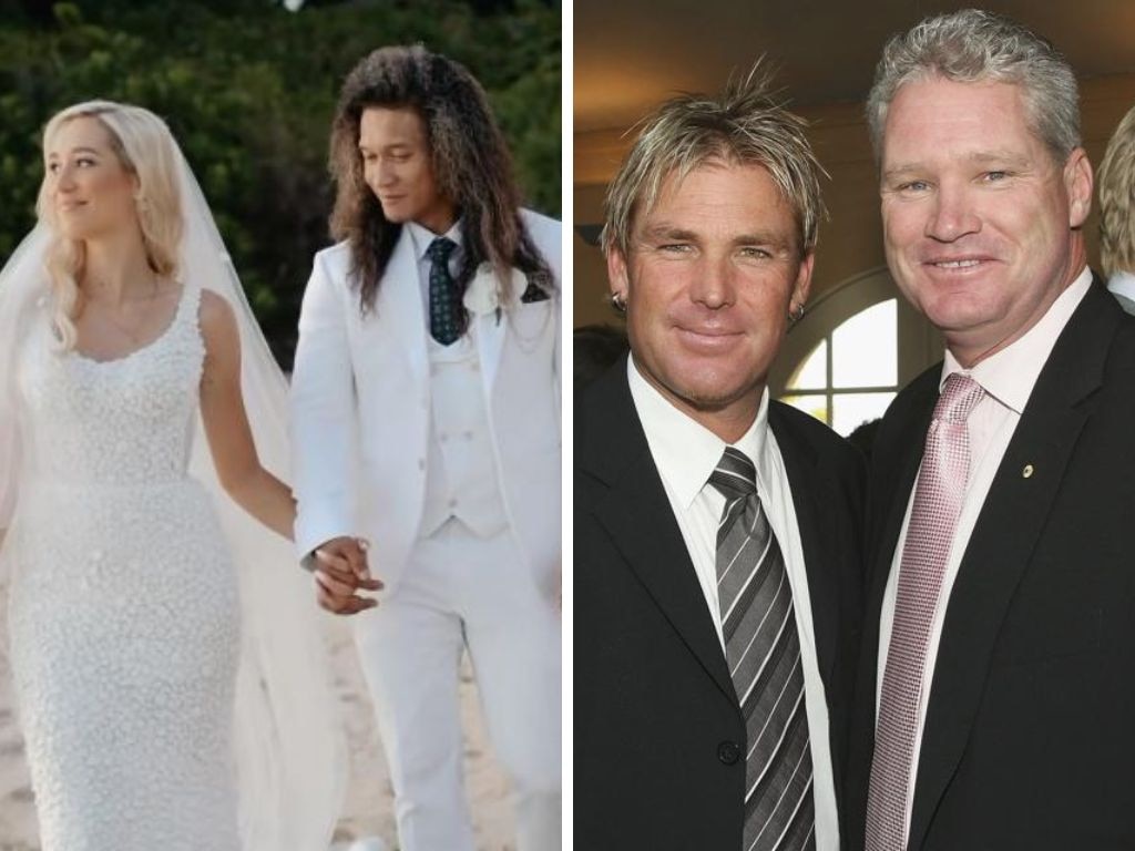 Phoebe and husband Dario, along with Dean Jones and Shane Warne. Photos: Instagram/Getty Images