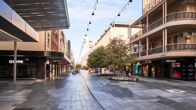 A quiet Rundle Mall where Port’s pre-game march usually begins. Picture: Matt Loxton