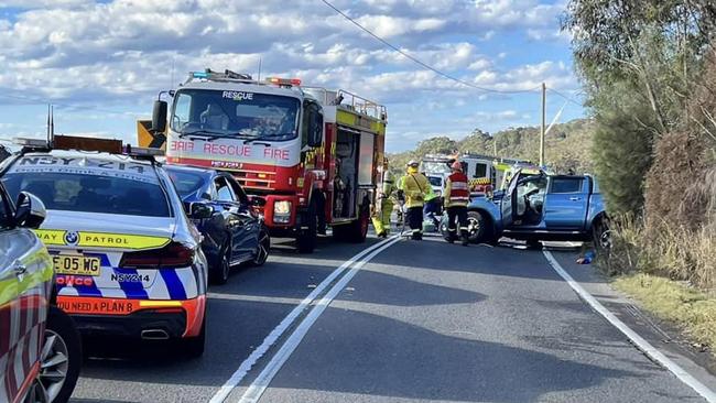 A head on crash between a ute and hatchback on Mona Vale Rd at Ingleside on Thursday, August 10, 2023. Picture: Terrey Hills Rural Fire Service