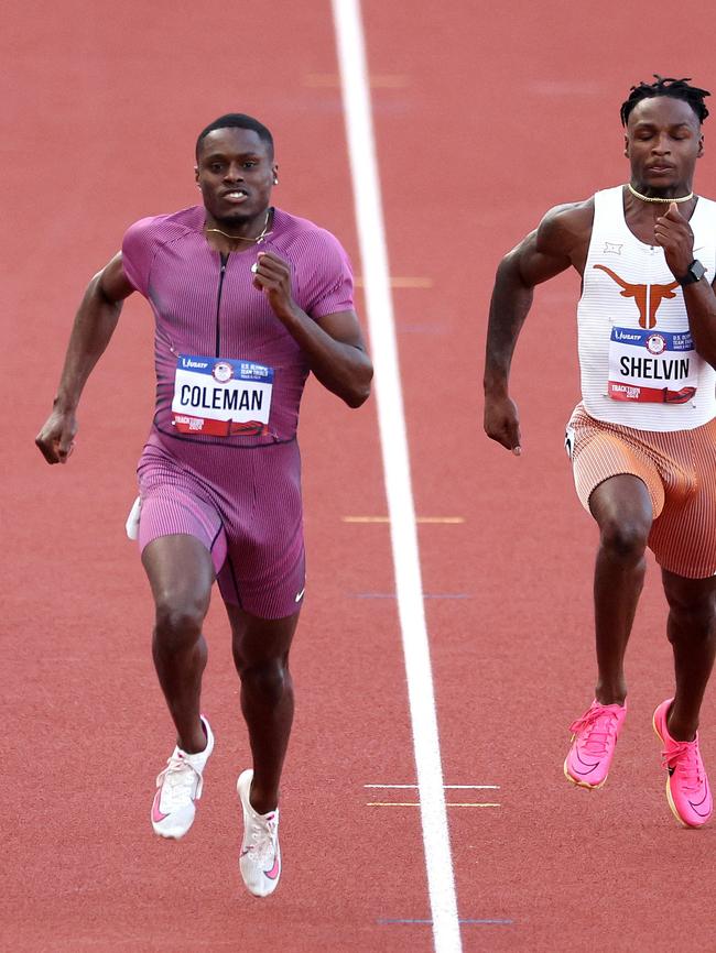 Christian Coleman (L) has previously topped both Lyles and Thompson. Picture: Christian Petersen/Getty Images North America