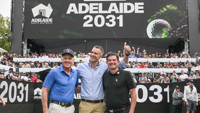 Greg Norman, South Australia'n Premier Peter Malinauskas, and LIV Golf chief executive Scott O'Neil after Adelaide secured the tournament until 2031. Picture: Brenton Edwards / AFP