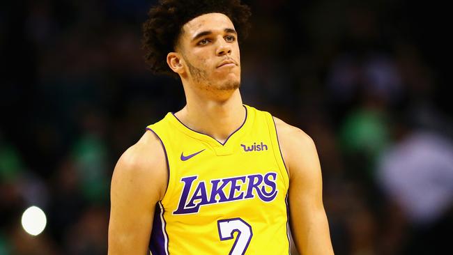 BOSTON, MA - NOVEMBER 08: Lonzo Ball #2 of the Los Angeles Lakers looks on during the first quarter against the Boston Celtics at TD Garden on November 8, 2017 in Boston, Massachusetts. Tim Bradbury/Getty Images/AFP == FOR NEWSPAPERS, INTERNET, TELCOS &amp; TELEVISION USE ONLY ==