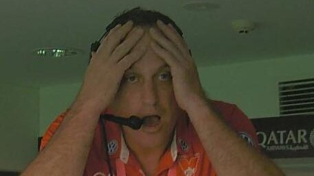 John Longmire reacts to a controversial umpiring decision in the final seconds. Picture: Fox Footy