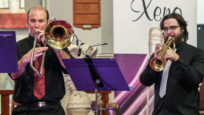 John Cosic and Michael McKay perform with Ipswich City Orchestra in the Brass on Safari tour. St Paul's Anglican Church, Ipswich, May 8, 2021.