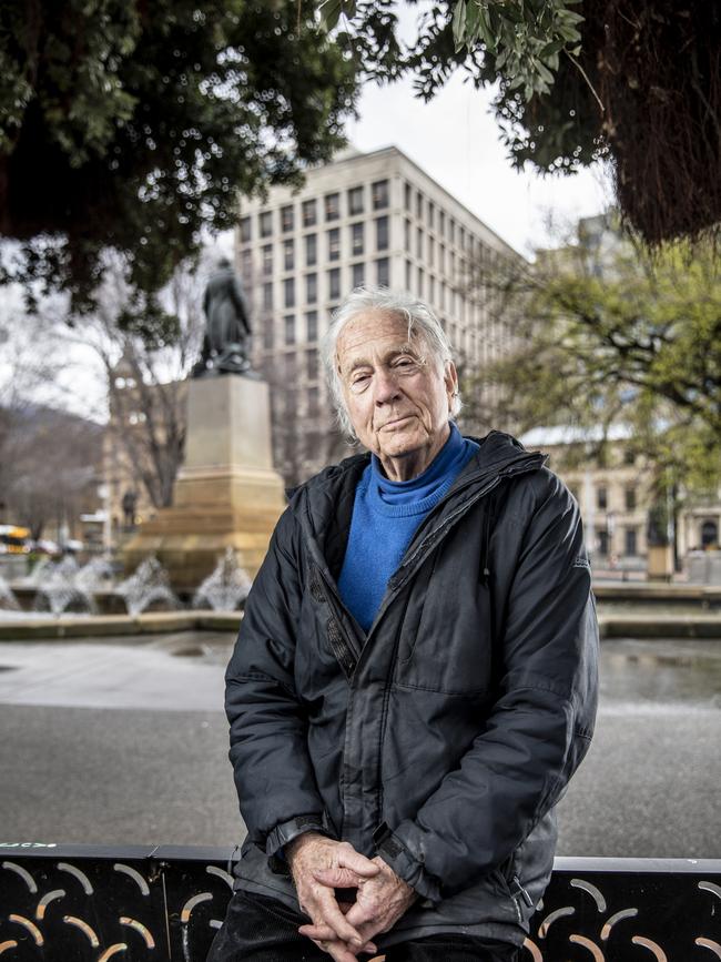 Tasmanian historian Henry Reynolds, author of Tongerlongeter photographed in Franklin Square where the Indigenous warrior met with Gov Arthur. Picture: Eddie Safarik