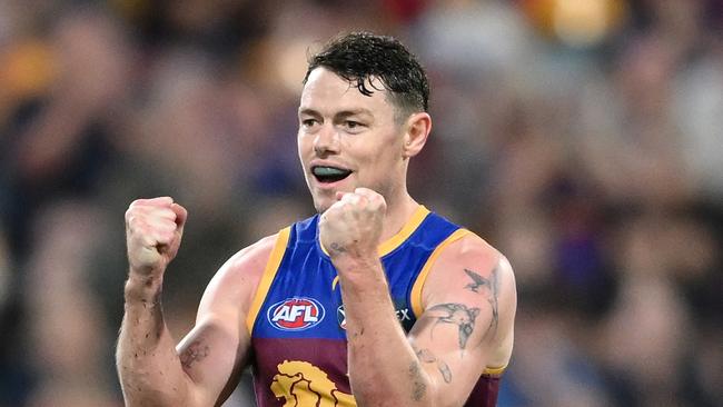 BRISBANE, AUSTRALIA – AUGUST 24: Lachie Neale of the Lions celebrates kicking a goal during the round 24 AFL match between Brisbane Lions and Essendon Bombers at The Gabba, on August 24, 2024, in Brisbane, Australia. (Photo by Matt Roberts/AFL Photos/via Getty Images)