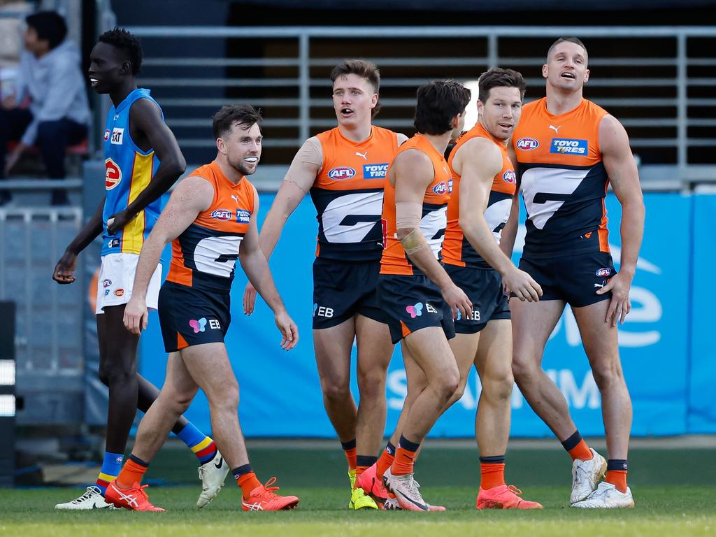 The Giants enjoy a Toby Greene goal during their ‘Expansion Cup’ victory. Picture: Dylan Burns/AFL Photos via Getty Images