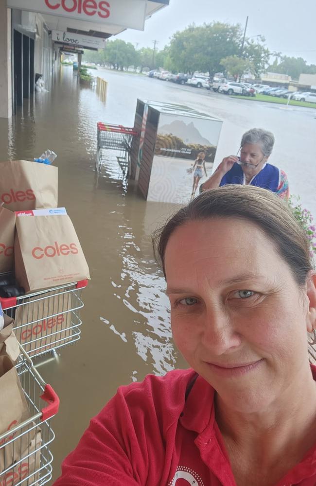 Coles Ingham Duty Manager Marcia Glindemann was collected by the SES to open the grocery store and provide food to the Ingham evacuation centre. Picture: Supplied