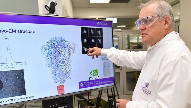 Prime Minister Scott Morrison is seen during a tour of the University of Queensland Vaccine Lab in Brisbane. Picture: AAP.