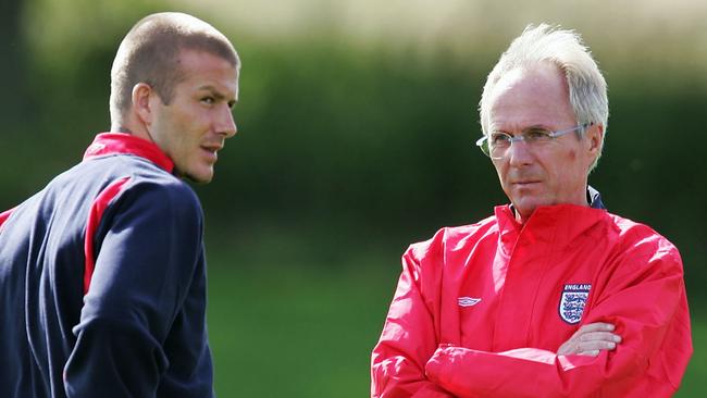 David Beckham, then England captain, talks with coach Sven Goran Eriksson during the England training session at Slaley Hall Hotel on August 16, 2004. Picture: Alex Livesey/Getty Images