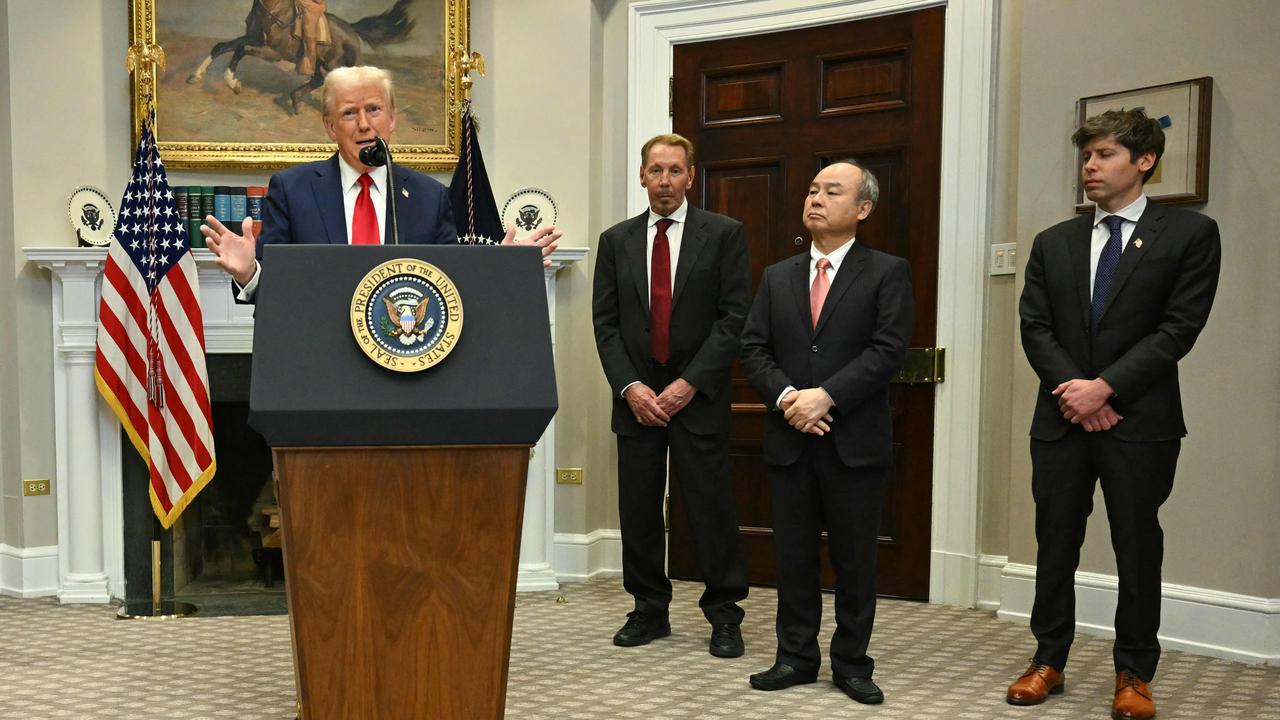 Donald Trump, Oracle’s Larry Ellison, Softbank’s Masayoshi Son and OpenAI’s Sam Altman. Picture: Jim Watson/AFP