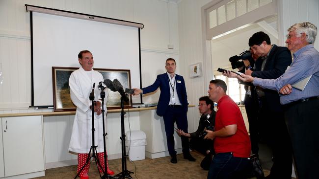 Paul Pisasale does a press conference from his hospital bed at St Andrews Private Hospital in Ipswich. Picture: Tim Marsden