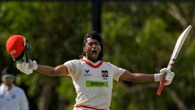 Harrish Kannan after crunching his maiden ton. Picture: C M THOMAS PHOTOGRAPHY