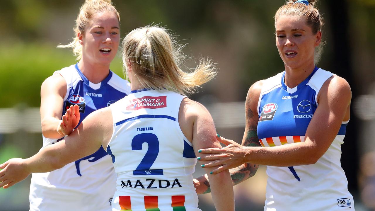 Daria Bannister is congratulated by teammates after kicking her second goal. Picture: Getty Images