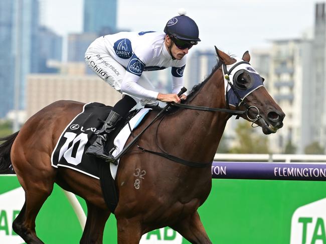 MELBOURNE, AUSTRALIA - MARCH 25: Jordan Childs riding Goldman winning Race 5, the Lexus Roy Higgins, during Melbourne Racing at Flemington Racecourse on March 25, 2023 in Melbourne, Australia. (Photo by Vince Caligiuri/Getty Images)