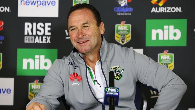 Sunday Telegraph. NRL Round 13; Newcastle Knights V Canberra Raiders, Played at Hunter Stadium in Newcastle. A happy Canberra coach Ricky Stuart in the post match press conference.