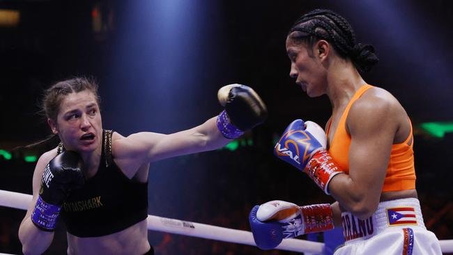 Katie Taylor of Ireland trades punches with Amanda Serrano of Puerto Rico. Photo by Sarah Stier/Getty Images