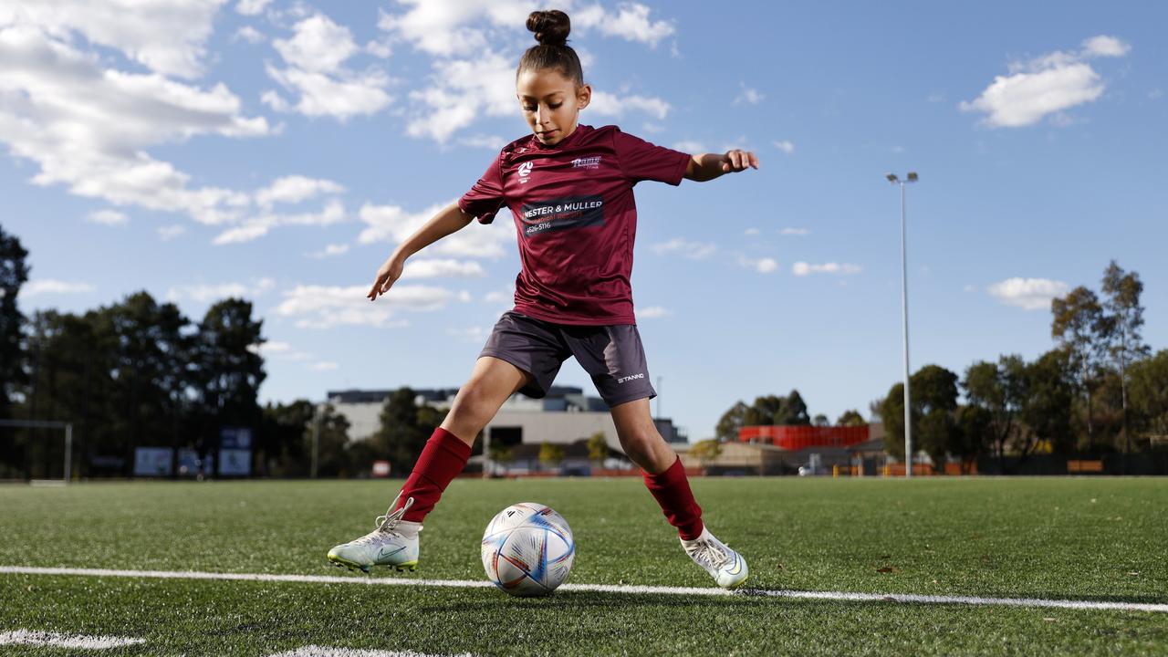Football gun Michaela Togias will fly to Manchester, England, in January to showcase her footballing talent. Michaela was scouted by the Manchester United and Manchester City Academy Scouts at a Global Football Network showcase she recently attended in Sydney. Picture: Jonathan Ng