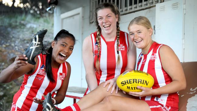 Hannah Douglas-Hill, Lucy Northcott, and Kate Chapman are Mount Lofty Women's football players. The trio is very happy with the planned upgrade to their change rooms. Picture Dean Martin.