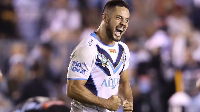 Jarryd Hayne celebrates the Titans’ win over the Sharks.