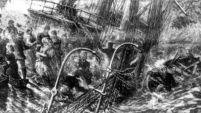 Passengers and crew onboard the Loch Ard after it ran aground off Victoria coast with all but ship cadet Tom Pearce & passenger Eva Carmichael lost, in 1878.