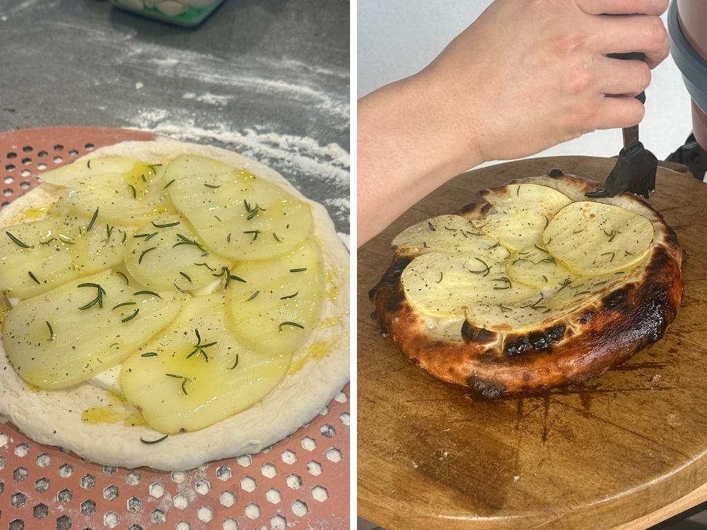 My potato and rosemary pizza before and after cooking in the Gozney Arc XL. Picture: news.com.au/Philippa Tonkin.