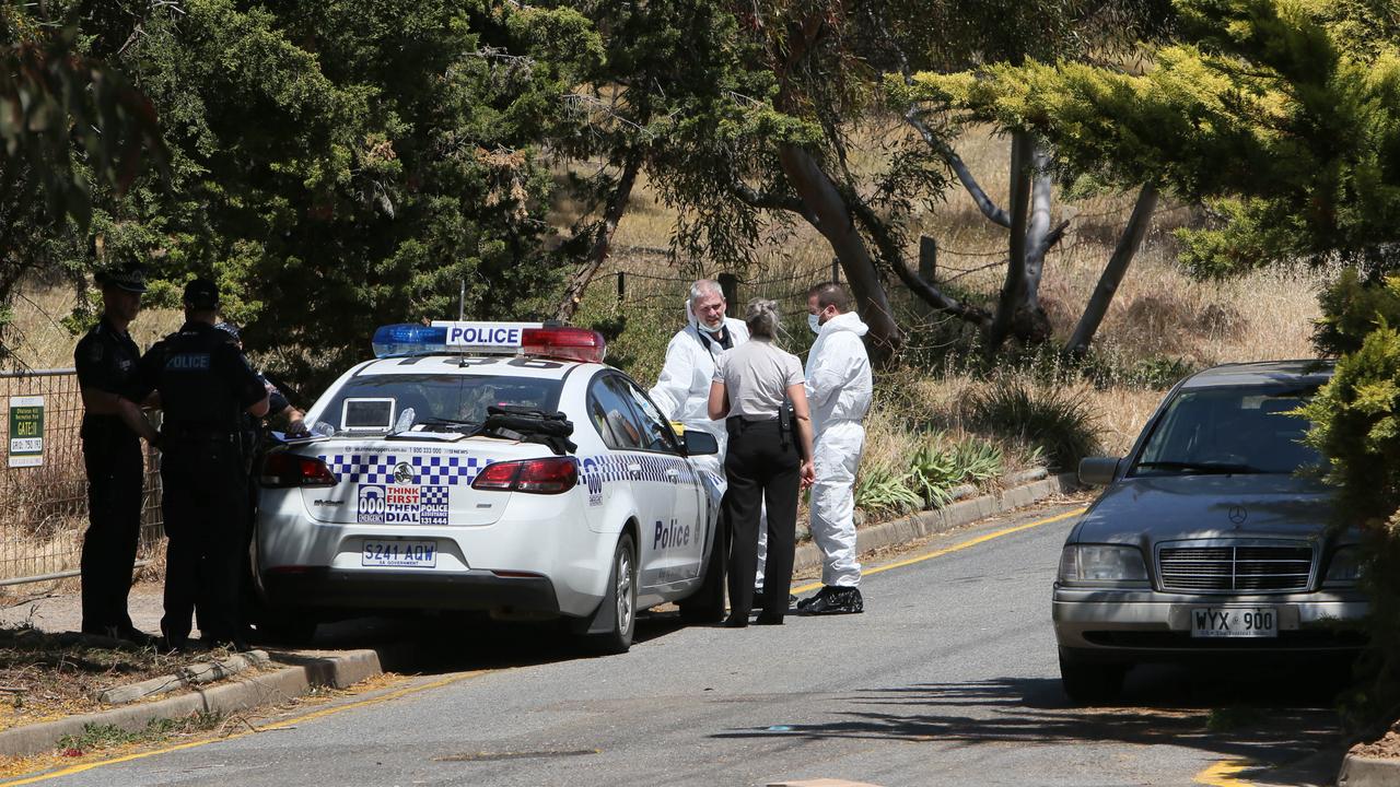 Police and Forensics Officers at the Seacliff Park. Picture: AAP/Emma Brasier