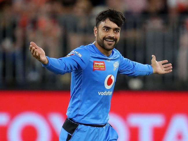 Rashid Khan of the Strikers celebrates taking the wicket of Cameron Bancroft of the Scorchers during the Big Bash League (BBL) cricket match between the Perth Scorchers and Adelaide Strikers at Optus Stadium in Perth, Friday, January 24, 2020. (AAP Image/Gary Day) NO ARCHIVING, EDITORIAL USE ONLY, IMAGES TO BE USED FOR NEWS REPORTING PURPOSES ONLY, NO COMMERCIAL USE WHATSOEVER, NO USE IN BOOKS WITHOUT PRIOR WRITTEN CONSENT FROM AAP