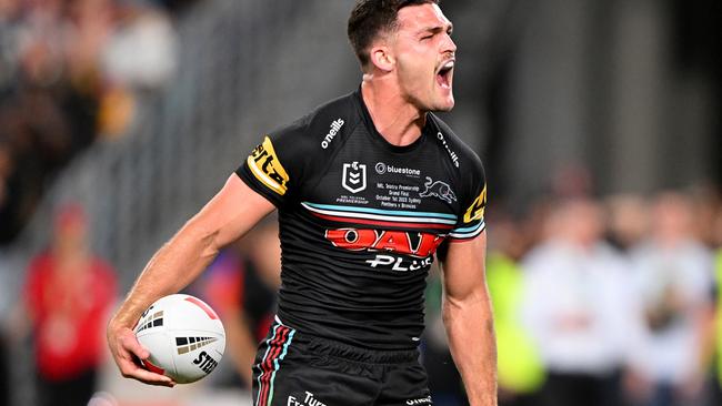 SYDNEY, AUSTRALIA - OCTOBER 01: Nathan Cleary of the Panthers celebrates scoring a try during the 2023 NRL Grand Final match between Penrith Panthers and Brisbane Broncos at Accor Stadium on October 01, 2023 in Sydney, Australia. (Photo by Bradley Kanaris/Getty Images)