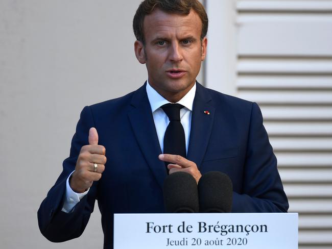 French president Emmanuel Macron speaks at the press conference. Picture: AFP.