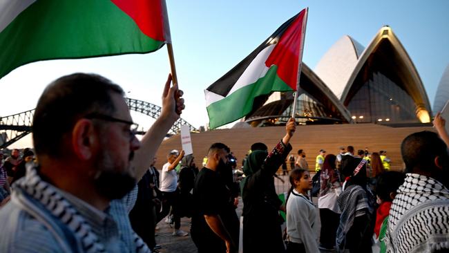 Pro-Palestinian protesters at the Opera House on Monday. Picture: AAP Image/Dean Lewins