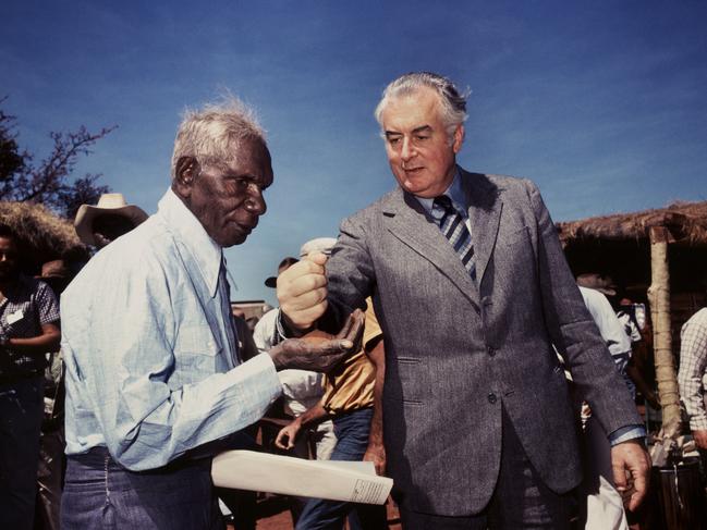 Mervyn Bishop     Prime Minister Gough Whitlam pours soil into the hands of traditional land owner Vincent Lingiari, Northern Territory 1975     type R3 photograph     30.5 x 30.5 cm     Art Gallery of New South Wales     Hallmark Cards Australian Photography Collection Fund 1991     © Mervyn Bishop/ Department of the Prime Minister and Cabinet.     Photo: Felicity Jenkins, AGNSW   **This image may only be used in conjunction with editorial coverage of the exhibition 'Mervyn Bishop' at the Art Gallery of New South Wales, 24 June - 8 Oct 2017. This image may not be cropped or overwritten. Prior approval in writing required for use as a cover. The caption as supplied must accompany the reproduction of the image. Media contact: Hannah.McKissocDavis@ag.nsw.gov.au      *** Local Caption *** **This image may only be used in conjunction with editorial coverage of the exhibition 'Mervyn Bishop' at the Art Gallery of New South Wales, 24 June - 8 Oct 2017. This image may not be cropped or overwritten. Prior approval in writing required for use as a cover. The caption as supplied must accompany the reproduction of the image. Media contact: Hannah.McKissocDavis@ag.nsw.gov.au