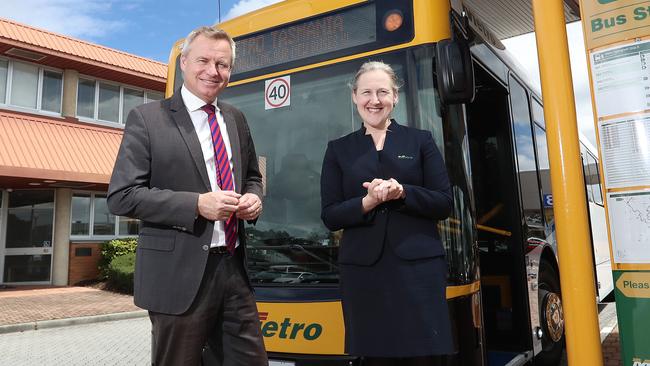 Infrastructure Minister Jeremy Rockliff with Metro Tasmania CEO Megan Morse. Picture: LUKE BOWDEN