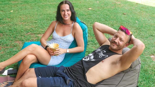 Cheyenne Day and Chris Hodgkinson chill out at the final event of the 2022 Laksa Festival Picture: Glenn Campbell