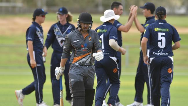 Victoria players celebrate a wicket at the 2020 National Indigenous Cricket Championships at Traeger Park in Alice Springs.