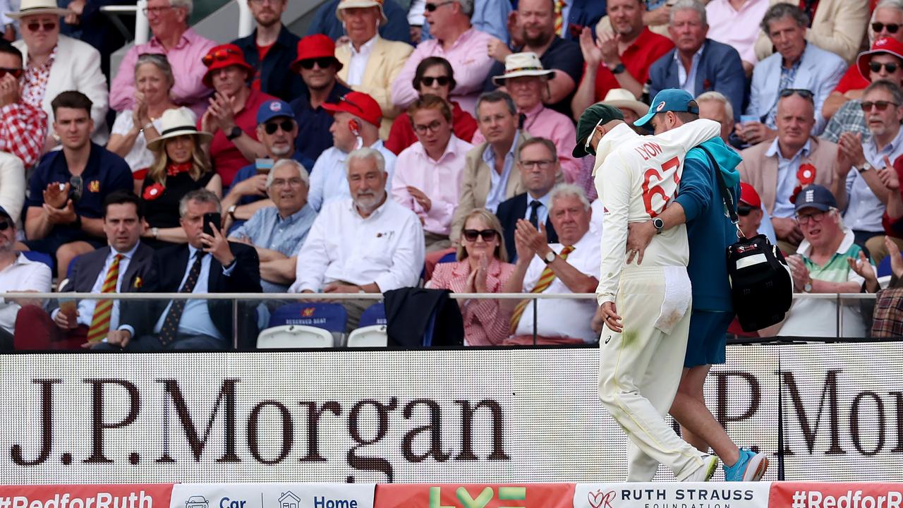 Lyon is helped from the field as the gravity of the injury sinks in. Picture: Getty