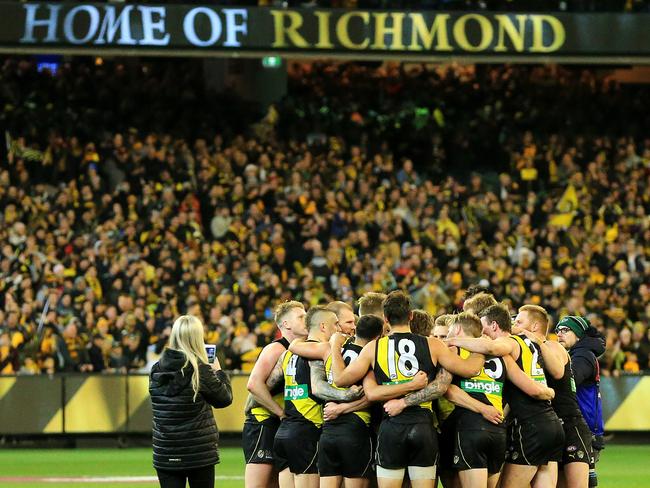 Richmond celebrates the win at the MCG. Picture: Mark Stewart