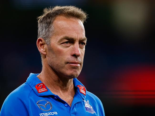 MELBOURNE, AUSTRALIA - APRIL 29: Alastair Clarkson, Senior Coach of the Kangaroos leaves the field at half time during the 2023 AFL Round 07 match between the Melbourne Demons and the North Melbourne Kangaroos at the Melbourne Cricket Ground on April 29, 2023 in Melbourne, Australia. (Photo by Dylan Burns/AFL Photos via Getty Images)