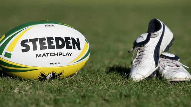 Generic rugby league NRL Steeden ball and football boots. Picture: Isabella Lettini