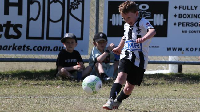 An under-8 player chases after the ball at Carrara during the junior tournament. Picture: Mike Batterham