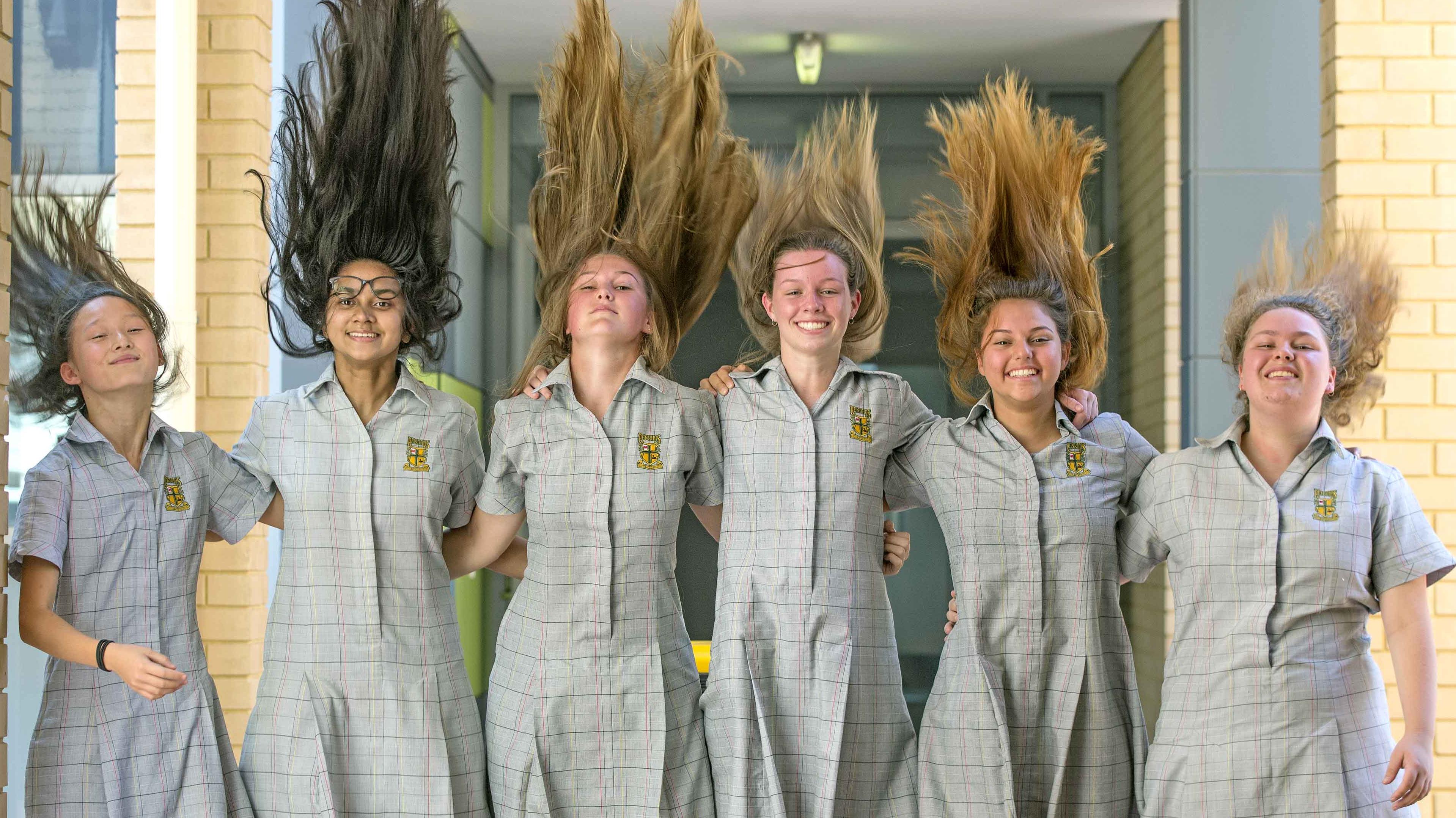 Penrhos College students pictured before having their heads shaved for the Cancer Council.