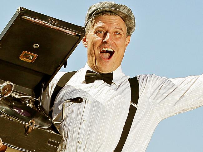 Dangar Island resident Steve Griffiths AKA the Gramophone Man with his gramophone at Brooklyn. He is a DJ who uses old gramophones in his performance. Picture: Troy Snook