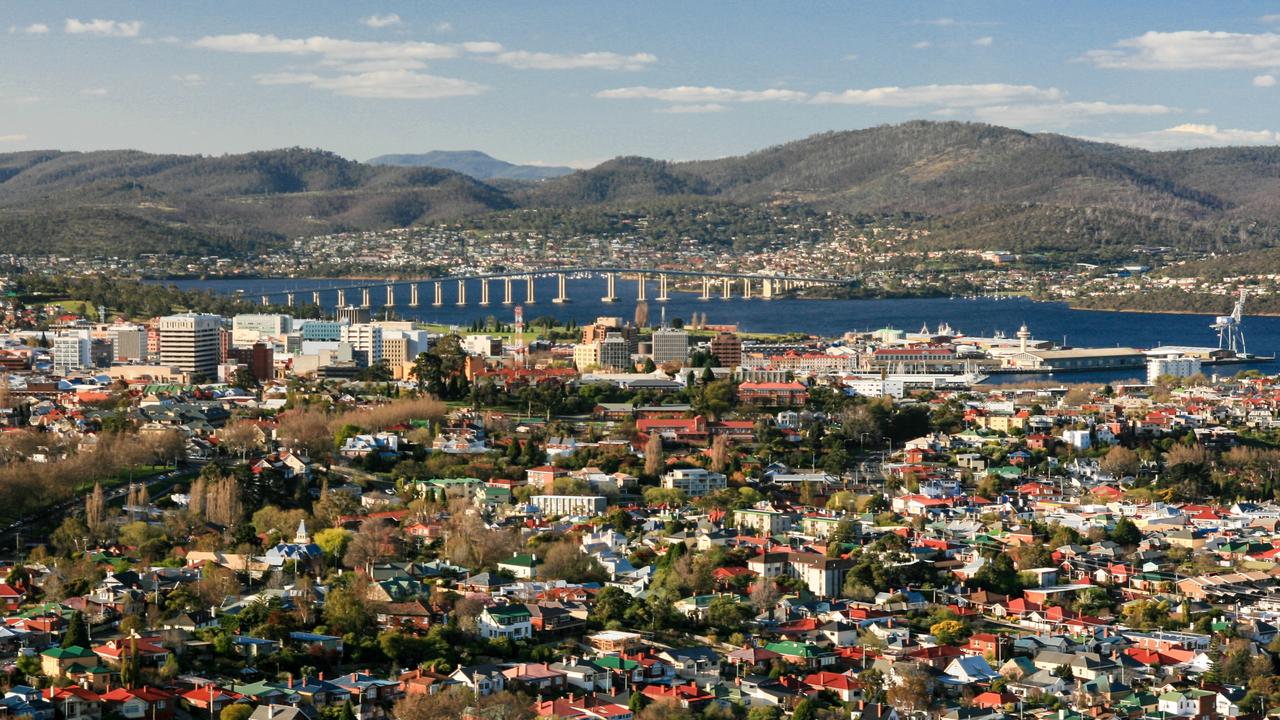 View over Hobart towards the Derwent River in Hobart, Tasmania, Australia