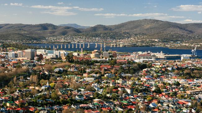 View over Hobart towards the Derwent River in Hobart, Tasmania, Australia