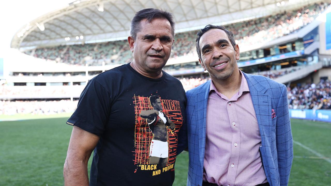 Nicky Winmar (left) and Eddie Betts (right) on the 30th anniversary of Winmar’s iconic stand against racism. Pic: Michael Klein