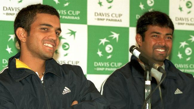 Indian tennis player Harsh Mankad (L) with Leander Paes in Adelaide for the Davis Cup in 2002.