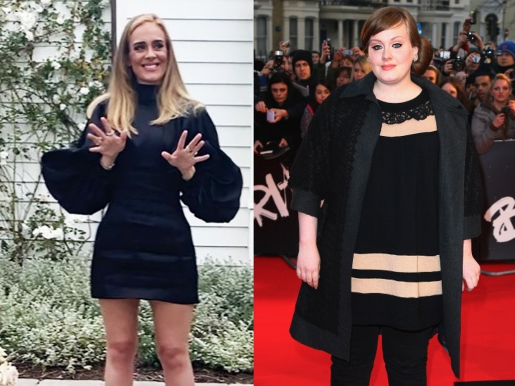 Adele before (right, 2008) and after, (left, 2020) weight loss, has been hanging out with Meghan and Harry. Picture: Instagram/Getty Images