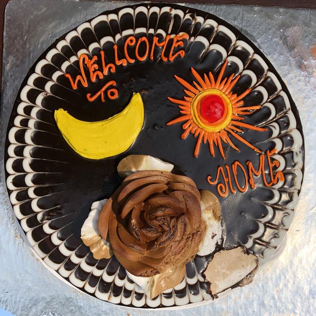 A welcome home cake with sun and moon symbols, which Nima and Dawa literally translates to. Picture: Alex Coppel